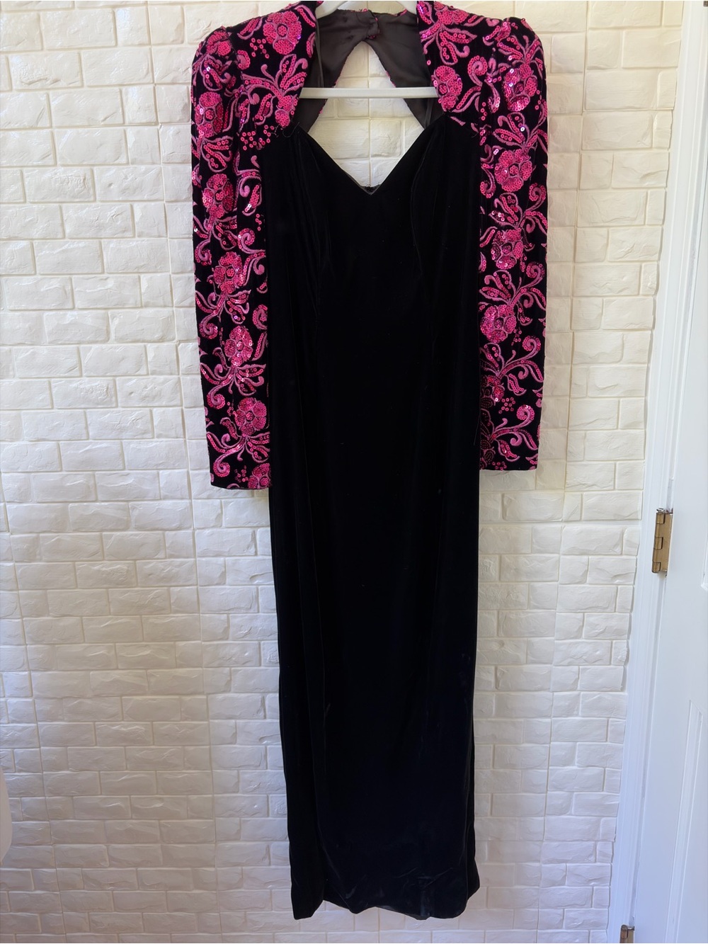 Vintage Alyce Black Velvet Evening Dress with Pink Embroidered Sleeves